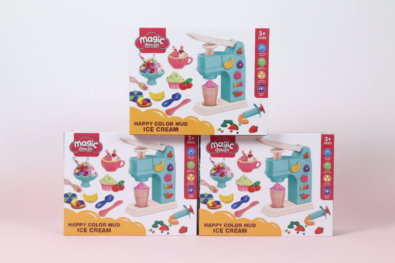 Three boxes of Magic Dough Happy Color Mud Ice Cream set on a wooden surface with a beige background.