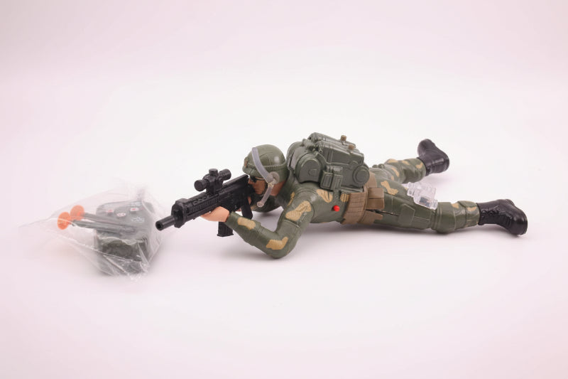Toy soldier with weapon on a wooden surface next to a clear plastic bag