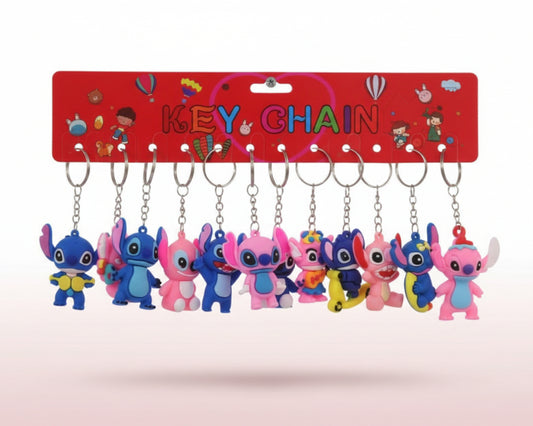 Keychain display with cartoon character keychains on a red card labeled 'Key Chain'.