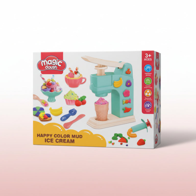 Box of Magic Dough Happy Color Mud Ice Cream set on a wooden surface with a plain background
