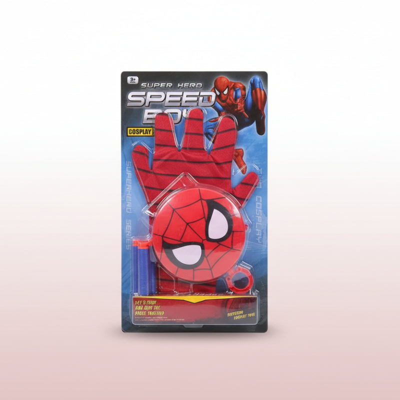 Spider-Man themed glove in packaging on a wooden surface
