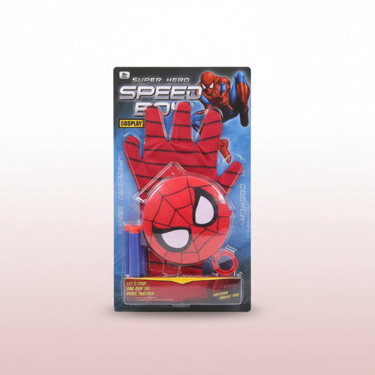 Spider-Man themed glove in packaging on a wooden surface