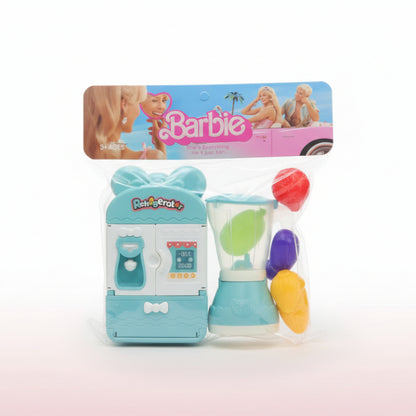 Barbie-themed toy set with refrigerator and kitchen utensils on a white background