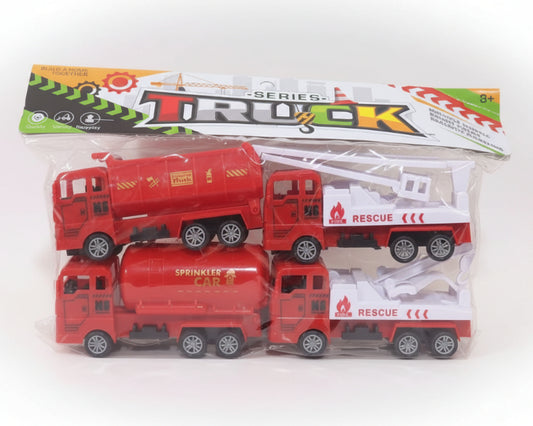 Toy fire truck set in packaging with visible branding on a wooden surface.
