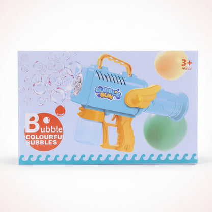 Box of a bubble gun toy with colorful graphics on a wooden surface.
