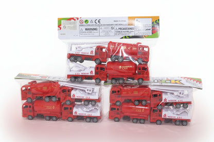 Red toy fire trucks in packaging on a wooden surface with a white wall background