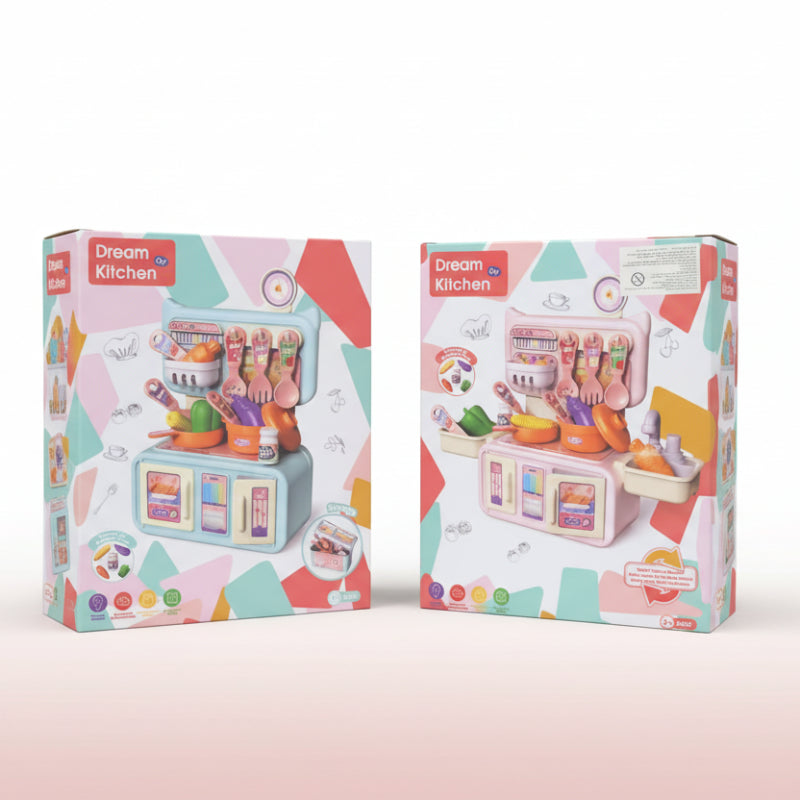 Two boxes of a toy kitchen set on a wooden surface with a plain background
