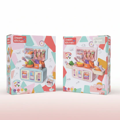 Two boxes of a toy kitchen set on a wooden surface with a plain background