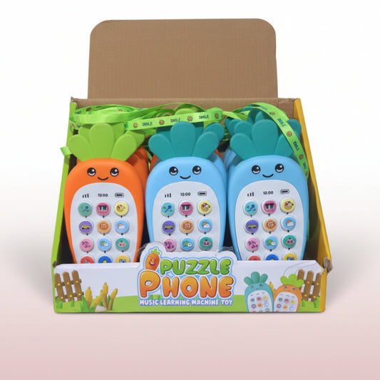 Toy puzzle phone set with colorful buttons in a box on a wooden surface.