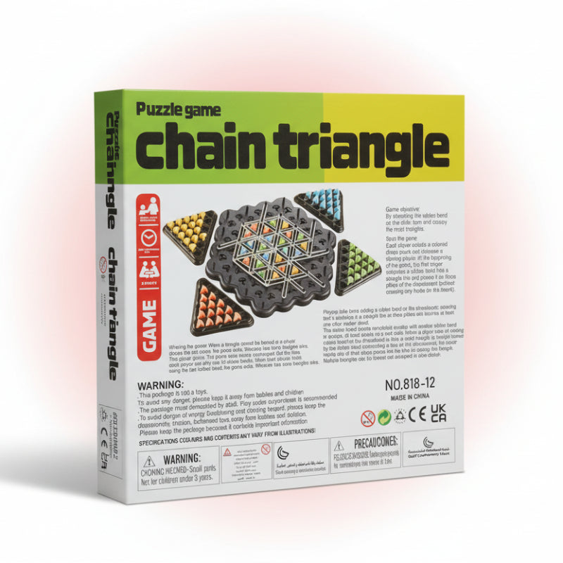 Box of a puzzle game titled 'Chain Triangle' on a wooden surface.