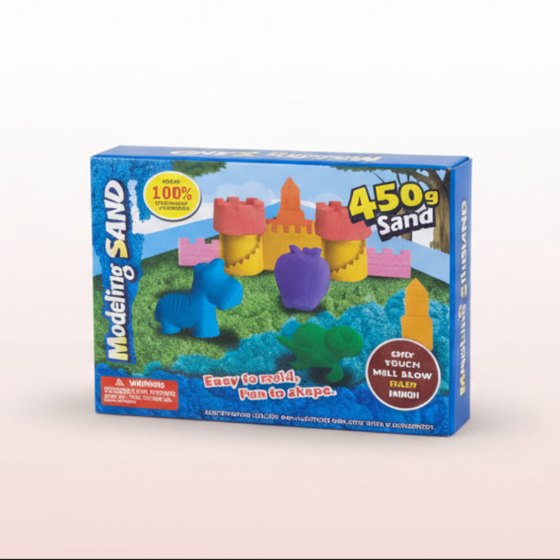 Box of molding sand with colorful sandcastles on a white background
