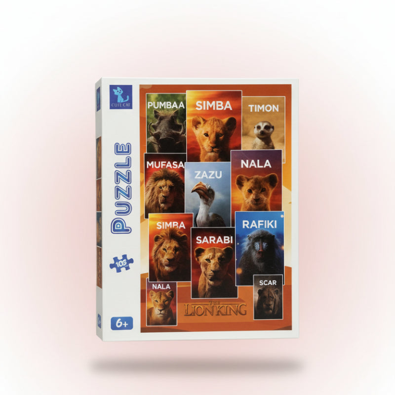 Jigsaw puzzle box featuring characters from 'The Lion King' on a wooden surface.