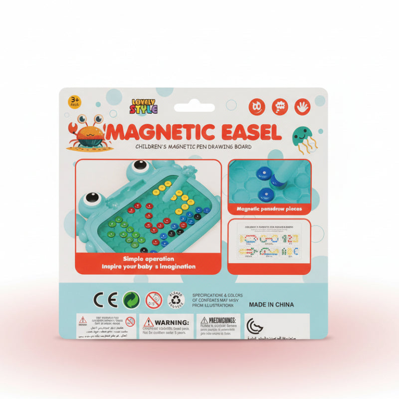 Package of a children's magnetic pen drawing board with colorful illustrations on a beige background.
