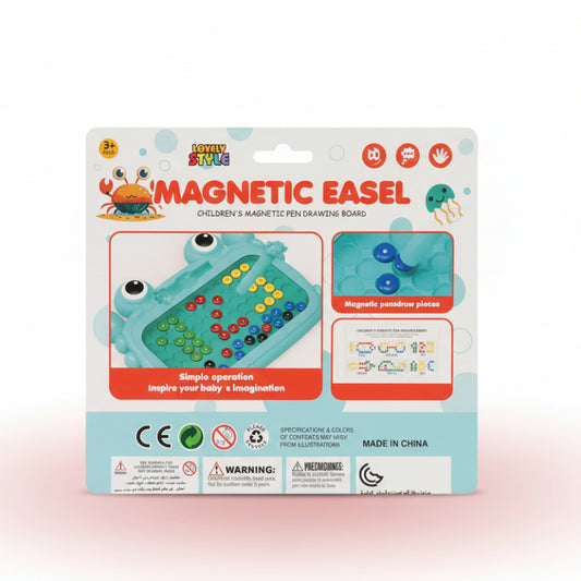 Package of a children's magnetic pen drawing board with colorful illustrations on a beige background.