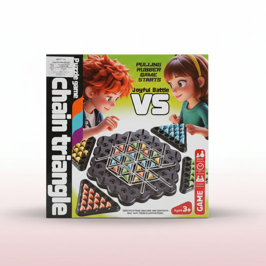 Board game box for 'Chain Triangle' with two children playing on the cover