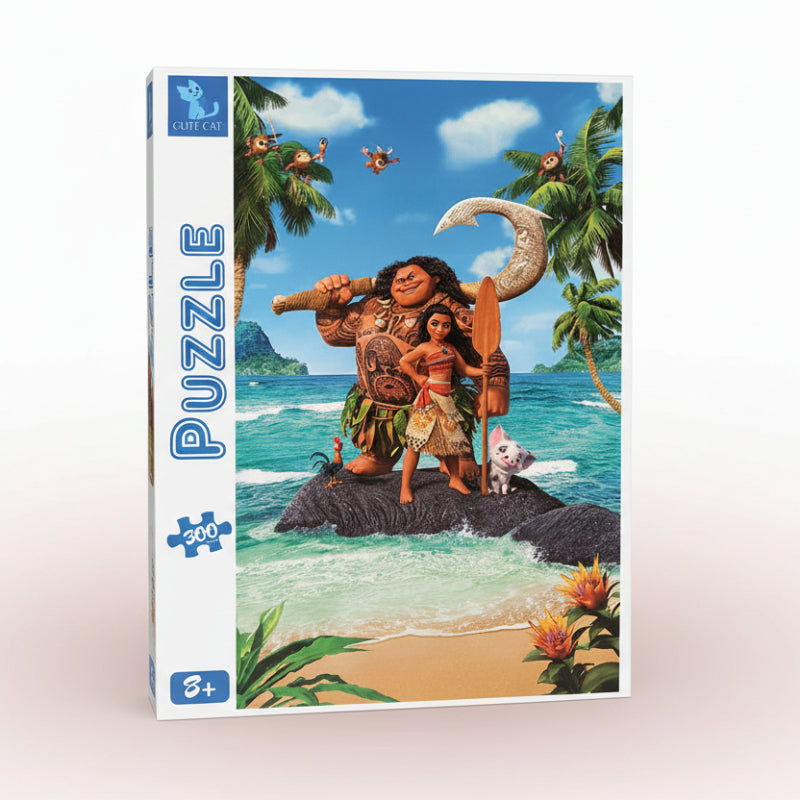 Jigsaw puzzle box with a tropical scene featuring a character and child on a rock, palm trees, and ocean.