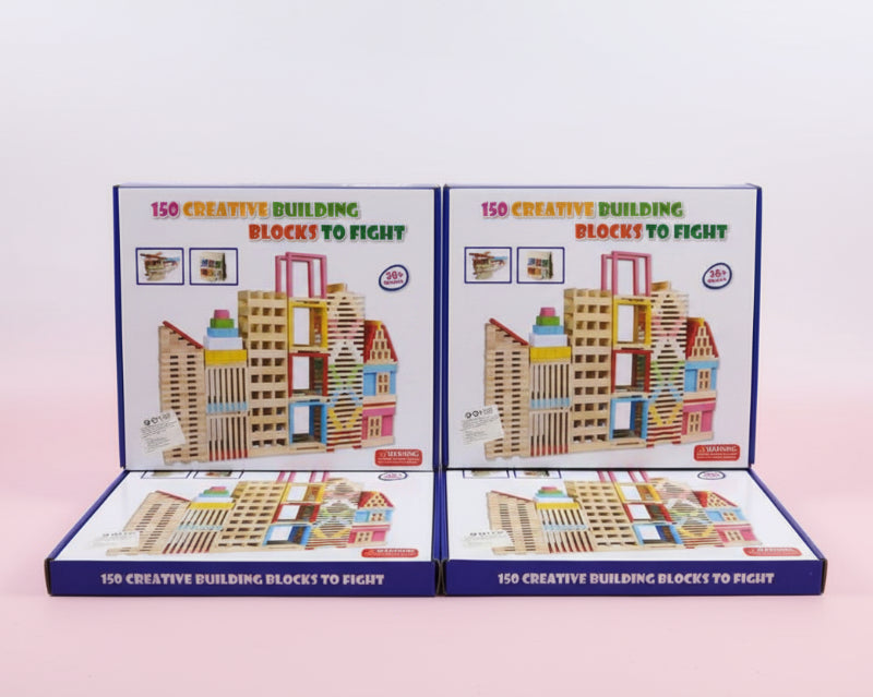 Box of building blocks with colorful illustrations on a wooden surface