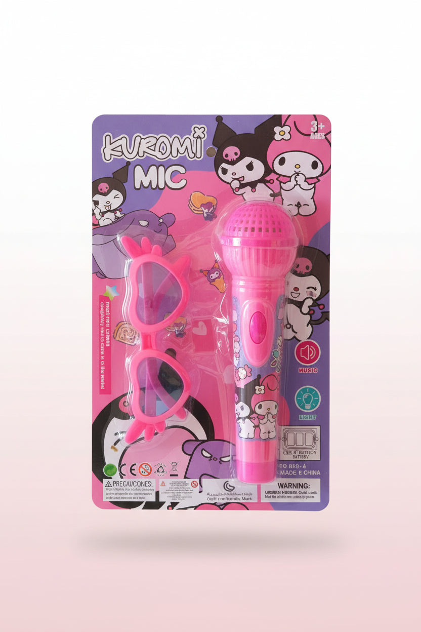 Pink toy microphone and glasses set with Kuromi branding on a pink packaging background.