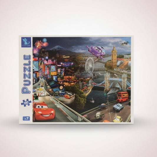 Puzzle box with a colorful cityscape design featuring cars and landmarks.