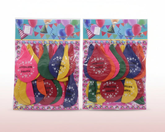 Colorful balloon-themed wall decoration on a white wall.