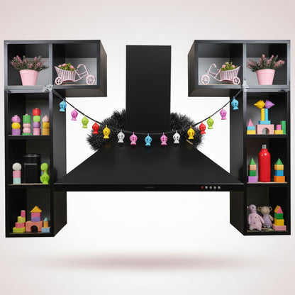 Black kitchen hood with decorative items on shelves against a tiled wall.