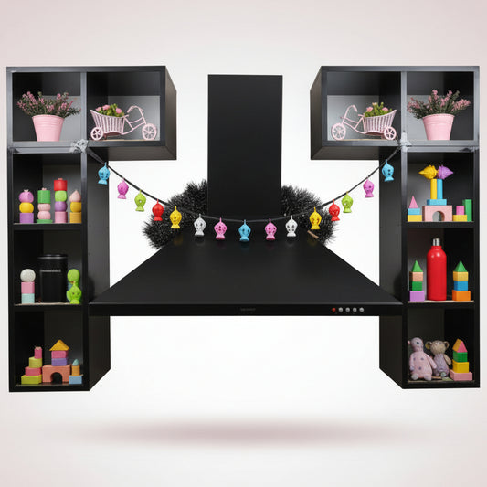 Black kitchen hood with decorative items on shelves against a tiled wall.