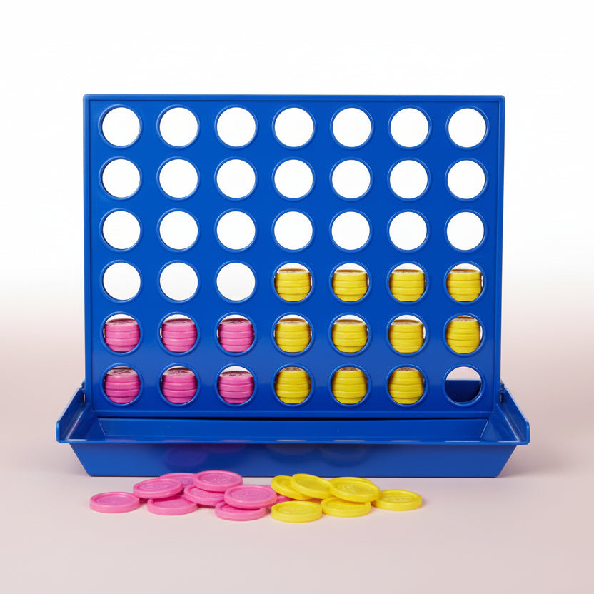 Board game with blue frame and colorful discs on a wooden surface