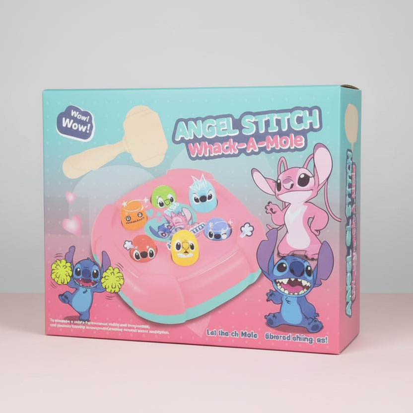 Box of 'Angel Stitch Whack-A-Mole' game with cartoon characters on a wooden surface.