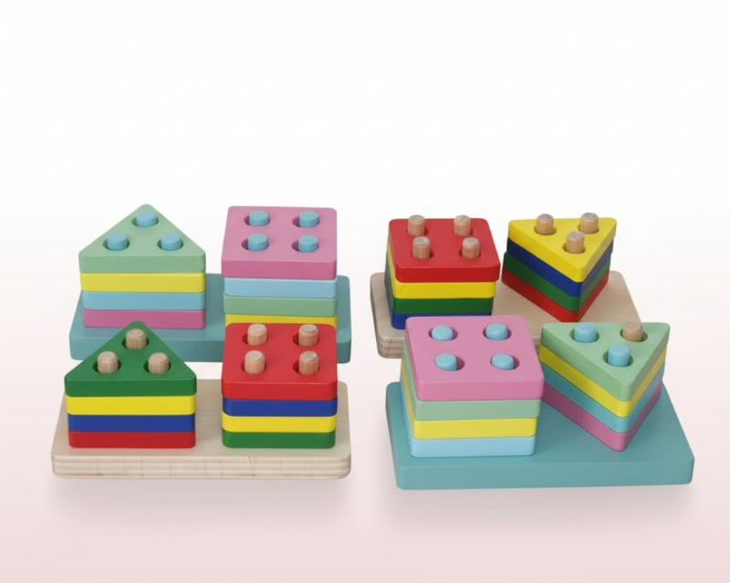 Colorful geometric wooden blocks on a light surface