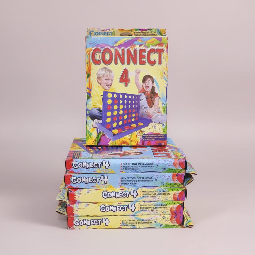 Stack of Connect 4 game boxes with colorful packaging on a wooden surface.