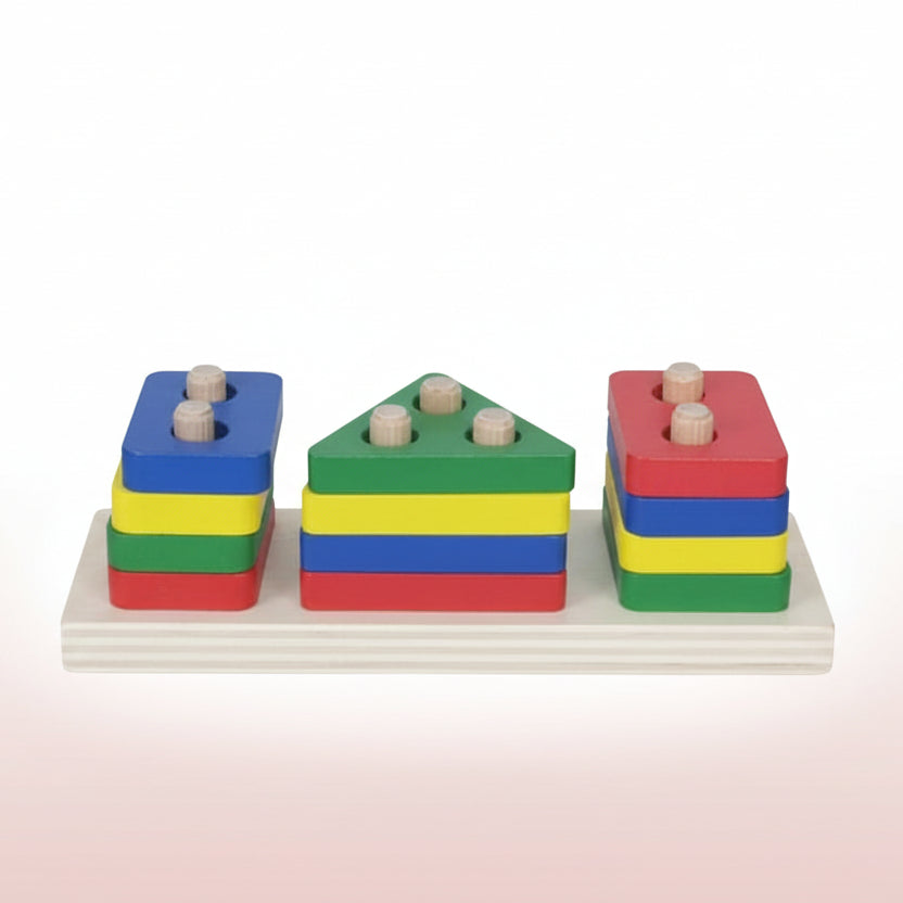 Colorful wooden blocks on a wooden stand with a wooden background
