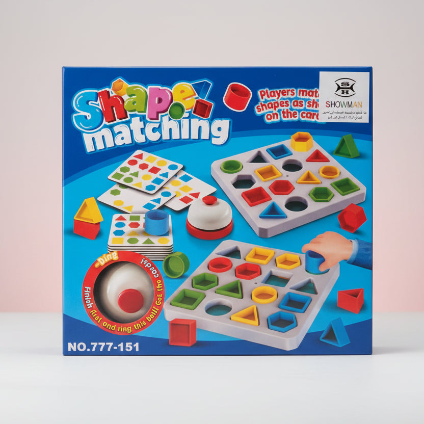 Shape matching game box with colorful shapes on a blue background