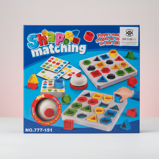 Shape matching game box with colorful shapes on a blue background