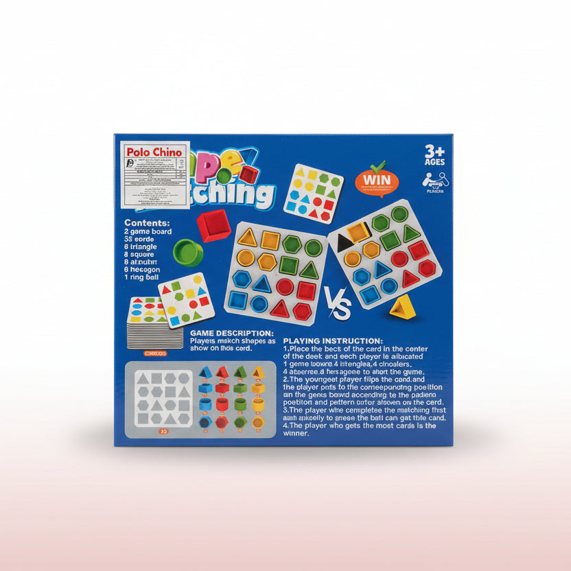 Board game box with colorful shapes and text on a blue background