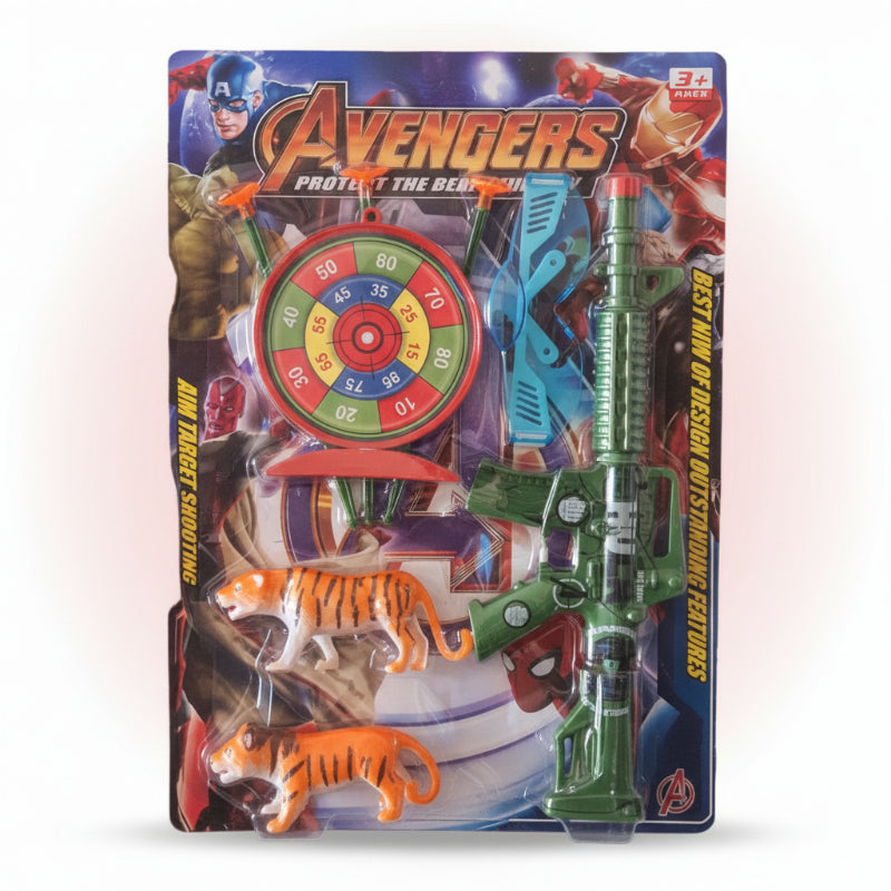 Toy set with dartboard, gun, and tiger figure on Avengers packaging