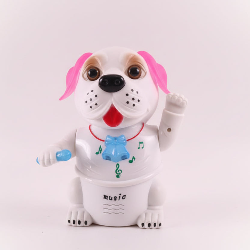 Toy dog with pink ears and a blue bow tie on a wooden surface.