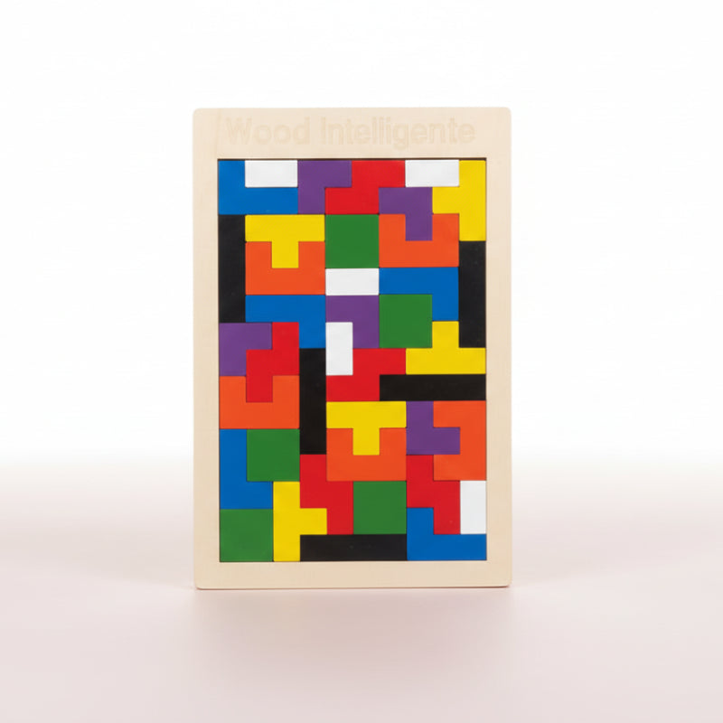 Colorful geometric puzzle on a wooden board with a white background