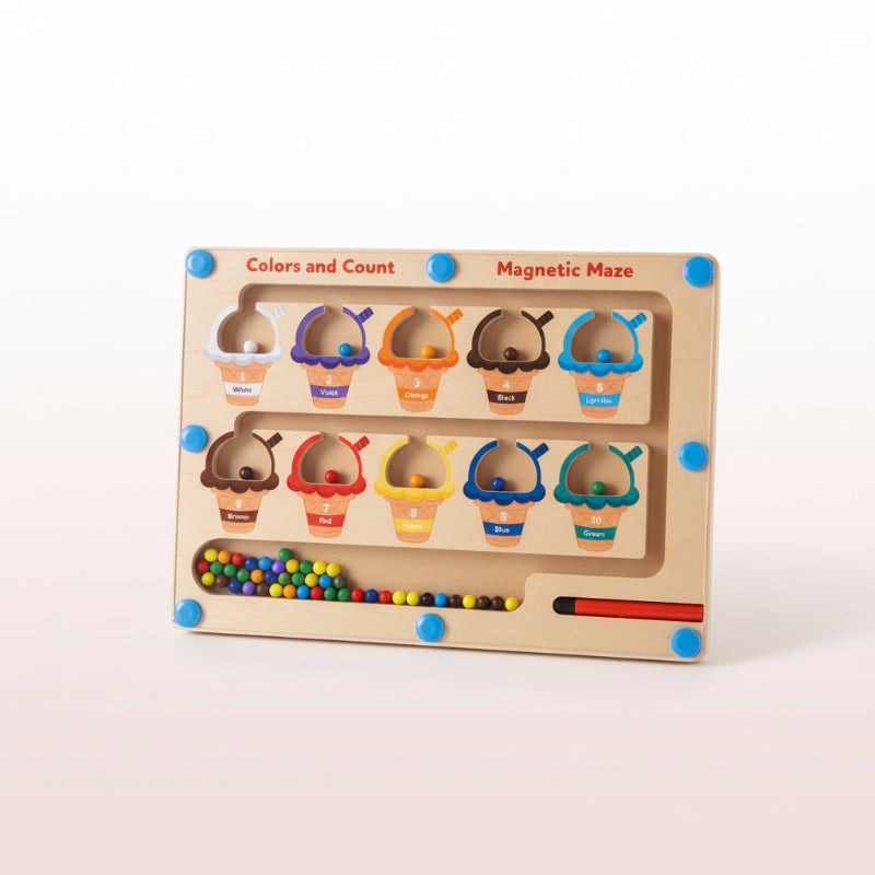 Wooden educational toy with colorful beads and labeled ice cream cones on a wooden base.