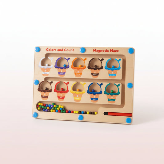 Wooden educational toy with colorful beads and labeled ice cream cones on a wooden base.