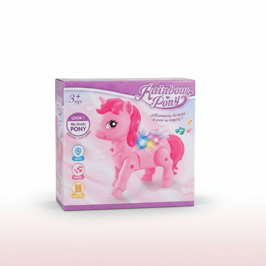 Box of a toy Rainbow Pony with pink hair and colorful mane on a white background.
