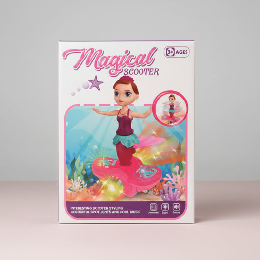 Box of a 'Magical Scooter' toy with a mermaid character on a wooden surface.