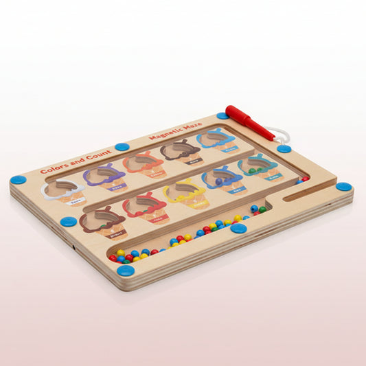 Child playing with a educational toy at a table, with product packaging in the background.