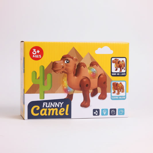 Box of a 'Funny Camel' toy with desert-themed graphics on a wooden surface.