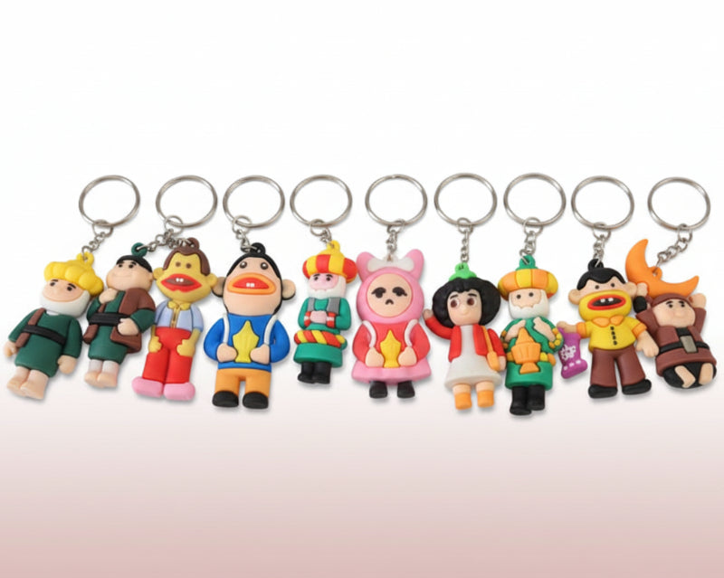 Keychain holder with cartoon character keychains on a red background