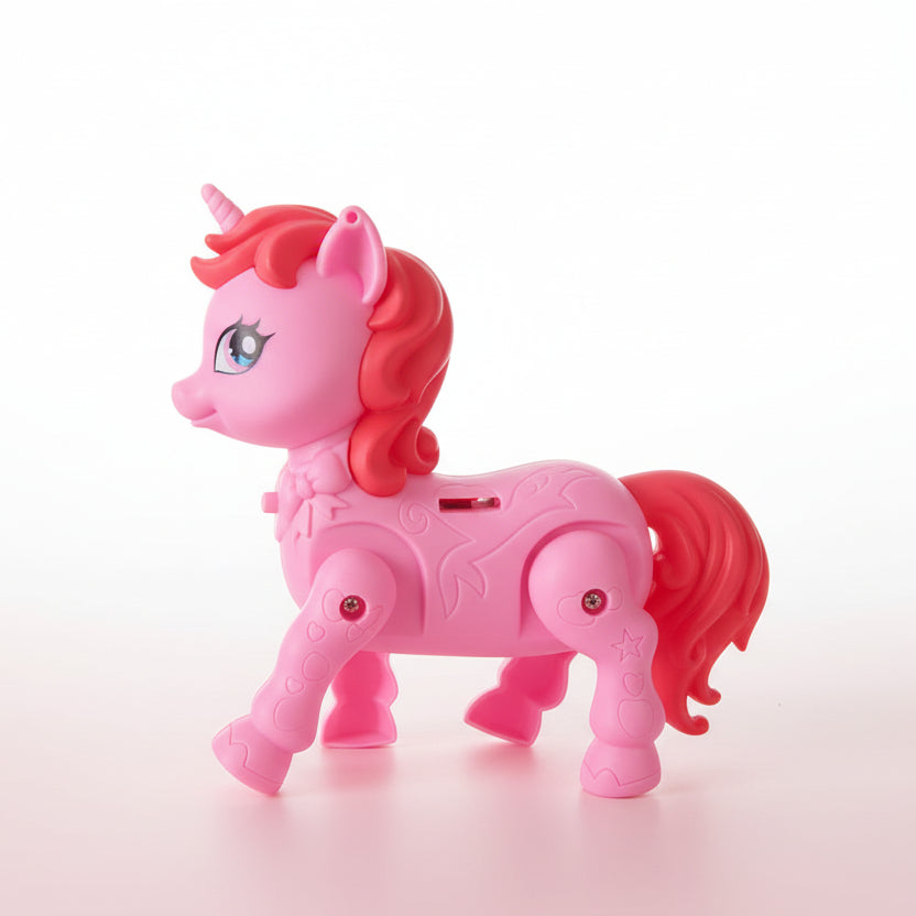 Pink toy unicorn with a red mane on a wooden surface and light background