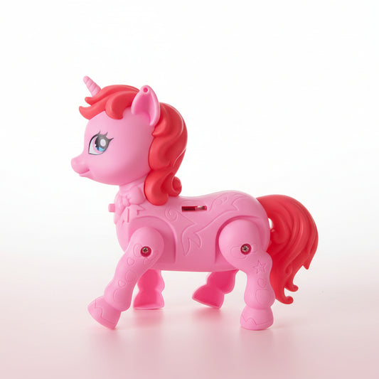 Pink toy unicorn with a red mane on a wooden surface and light background
