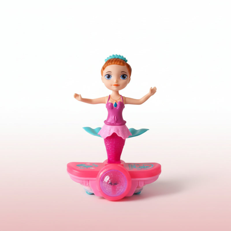Toy mermaid figure on a pink platform with a plain background