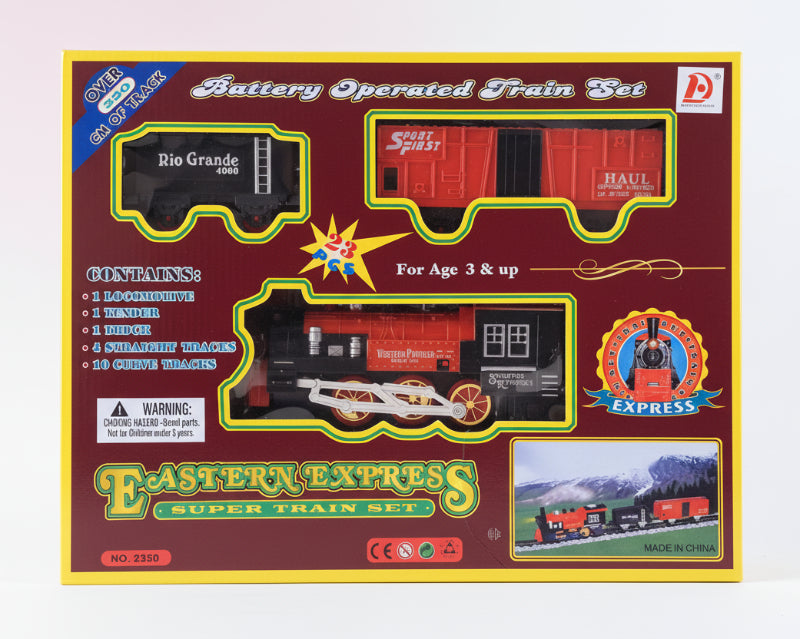 Battery-operated train set packaging with train illustrations and text on a wooden surface.