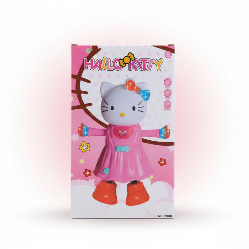 Hello Kitty toy packaging on a wooden surface with a plain background