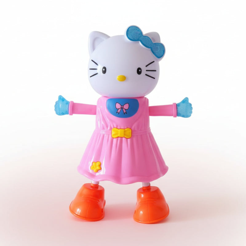 Toy figure of a cat character in a pink dress with blue gloves and orange shoes on a wooden surface.
